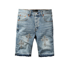 Purple Jeans Men’s Light Blue Denim Shorts with Rhinestone Cross Embellishments and Sparkling Studs 5098