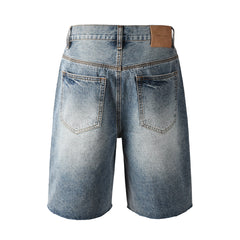Purple Jeans Men’s Blue Denim Shorts with Rhinestone Sunburst Design and Raw Hem 5100