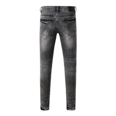 Purple Jeans Men Streetwear Jeans Distressed Grey Ripped Patch Leopard Skinny 9102