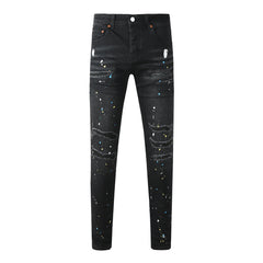 Purple Jeans Streetwear Men’s Black Ripped Slim Jeans with Multi Color Paint Splatter Effect and Rugged Tear Details 9121