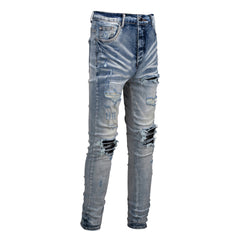 Purple Jeans Men's Slim Fit Black Jeans with Street Style Patches, Vintage Wash, and Ripped Details 6848