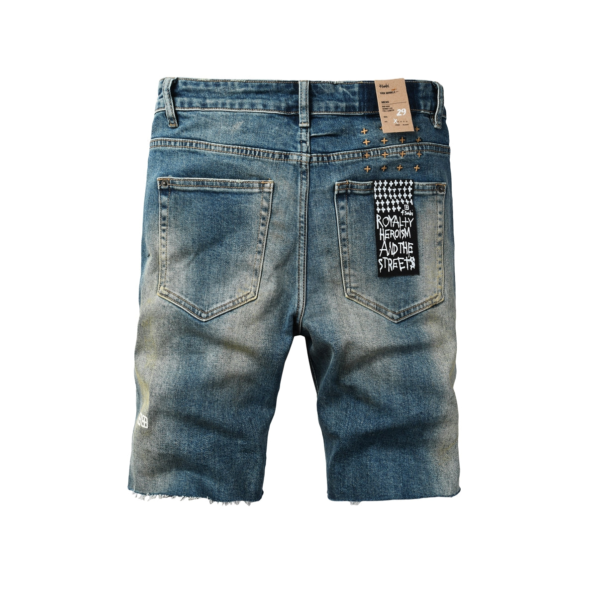 Purple Jeans Men Streetwear Denim Shorts Blue Washed with Ripped Detail Raw Hem and Graphic Patch 2002