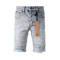 Purple Jeans Men's Vintage Light Wash Ripped Denim Shorts with Raw Cut Hem and Distressed Details 2003