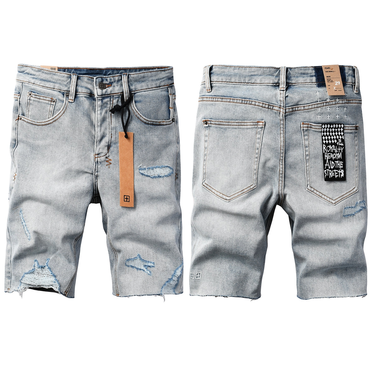 Purple Jeans Men's Vintage Light Wash Ripped Denim Shorts with Raw Cut Hem and Distressed Details 2003