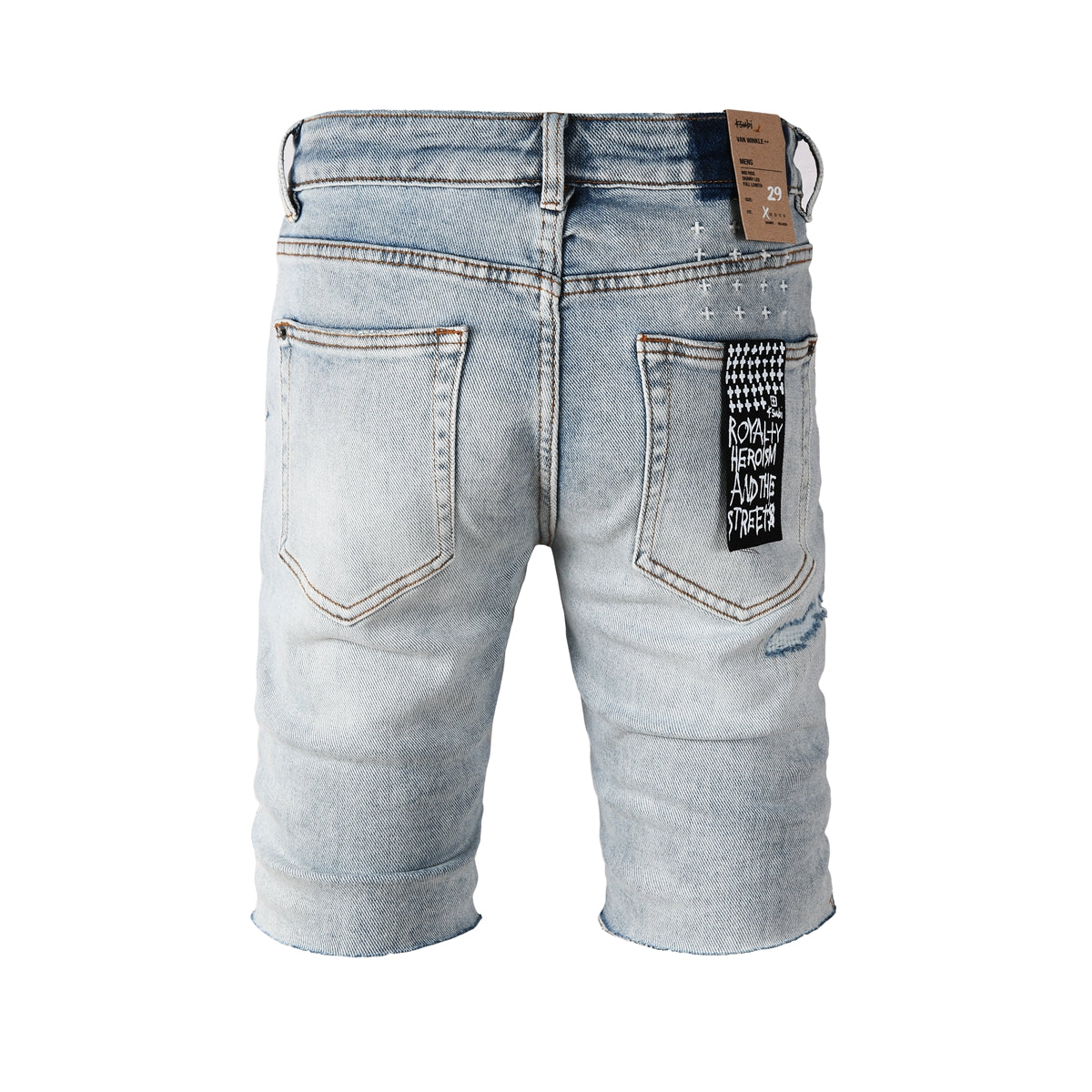 Purple Jeans Men's Vintage Light Wash Ripped Denim Shorts with Raw Cut Hem and Distressed Details 2003