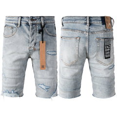 Purple Jeans Men's Vintage Light Wash Ripped Denim Shorts with Raw Cut Hem and Distressed Details 2003