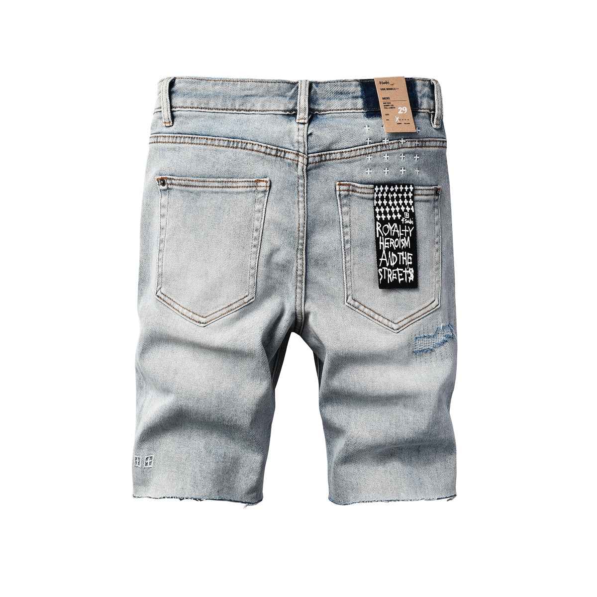 Purple Jeans Men's Vintage Light Wash Ripped Denim Shorts with Raw Cut Hem and Distressed Details 2003