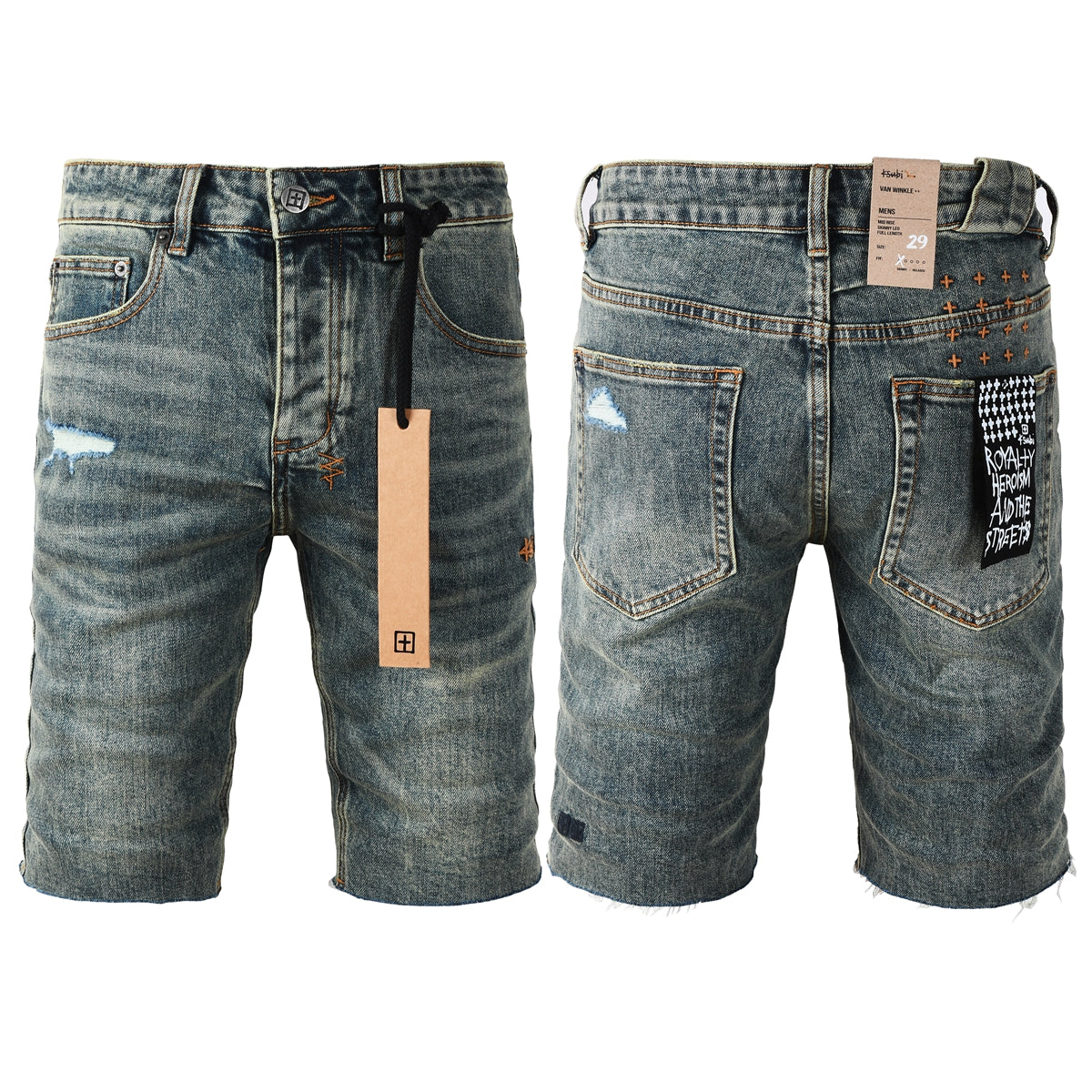 Purple Jeans Men Streetwear Denim Shorts Dark Washed Blue with Distressed Details Raw Hem and Graphic Patch 2004