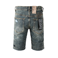 Purple Jeans Men Streetwear Denim Shorts Dark Washed Blue with Distressed Details Raw Hem and Graphic Patch 2004