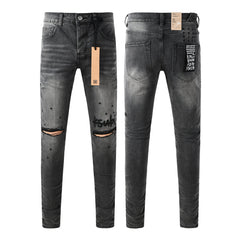 Purple Jeans Men Streetwear Jeans Washed Black with Ripped Knees Paint Splatter and Graphic Patch 3034