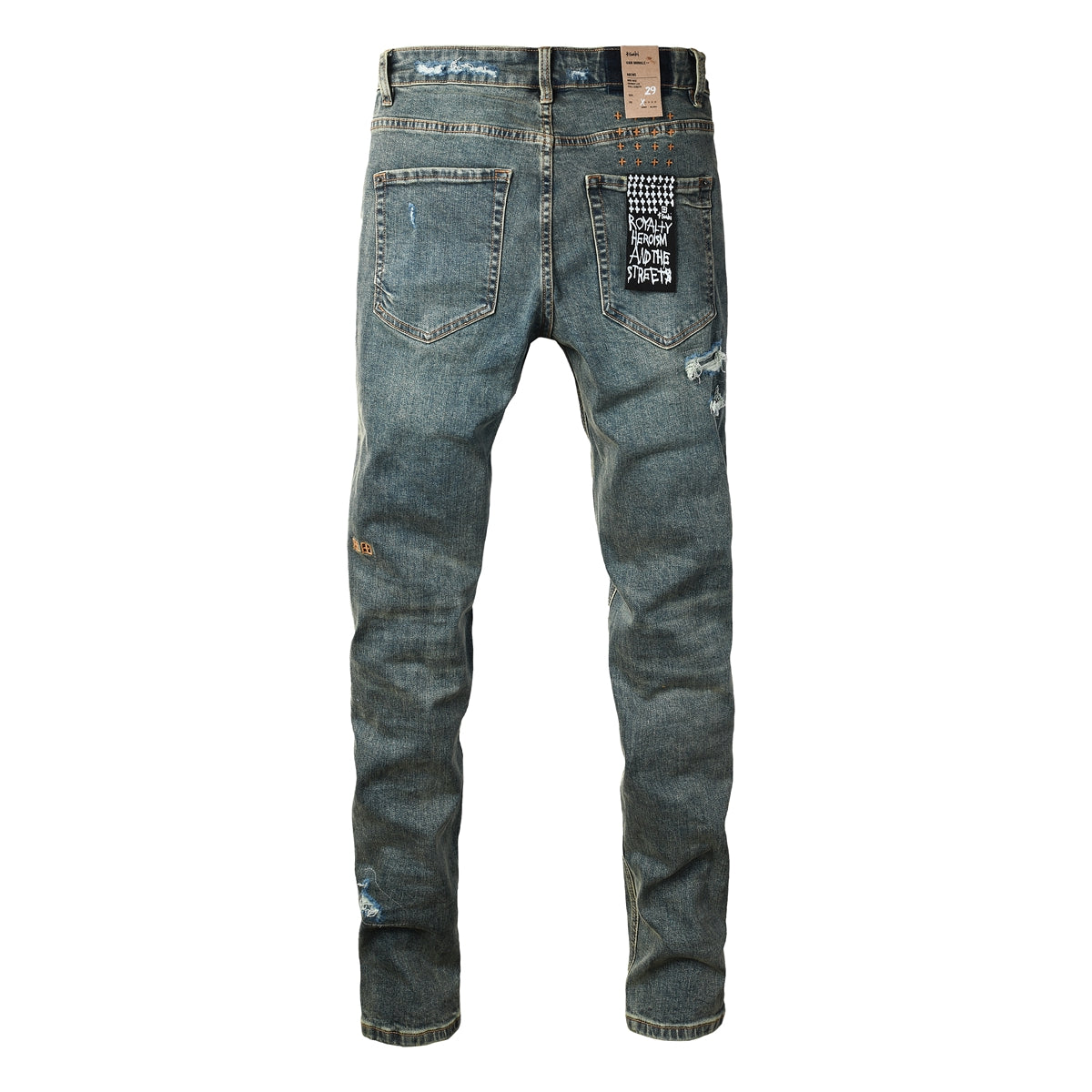 Purple JeansMen’s Dark Blue Heavy Ripped Skinny Jeans with Extreme Distressing and Back Graphic Patch for Street Style 3049