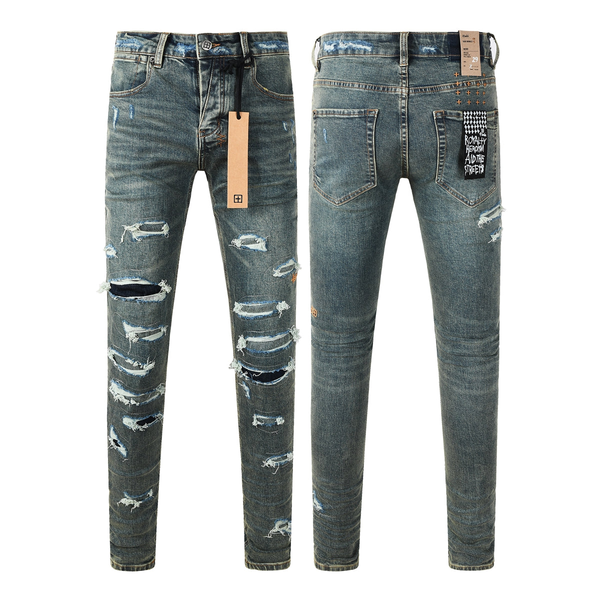 Purple JeansMen’s Dark Blue Heavy Ripped Skinny Jeans with Extreme Distressing and Back Graphic Patch for Street Style 3049