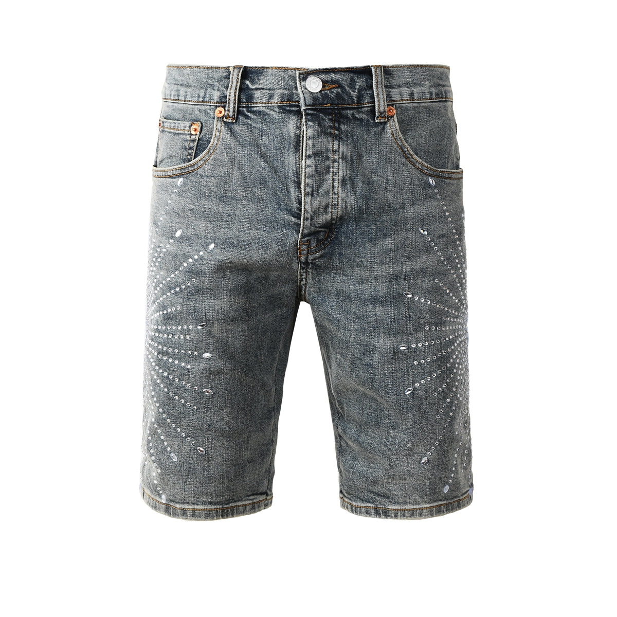 Purple Jeans Men’s Gray Washed Denim Shorts with Shiny Studded Sunburst Pattern Streetwear Fashion Style 5093