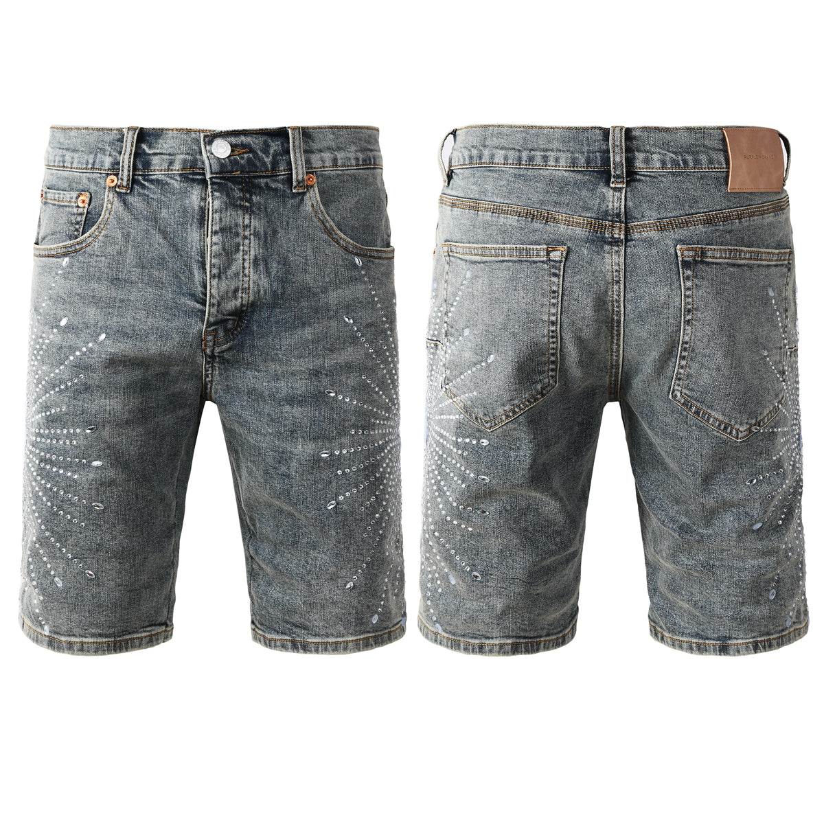 Purple Jeans Men’s Gray Washed Denim Shorts with Shiny Studded Sunburst Pattern Streetwear Fashion Style 5093
