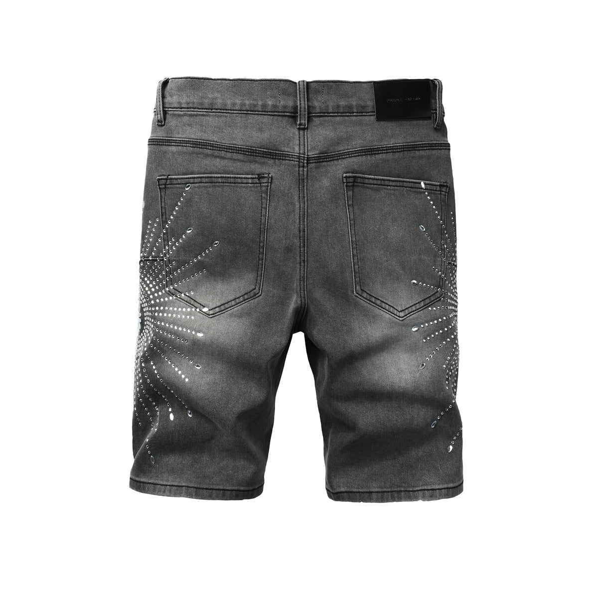 Purple jeans Men’s Grey Washed Denim Shorts with Sparkling Studded Sunburst Design Streetwear Fashion Style 5094