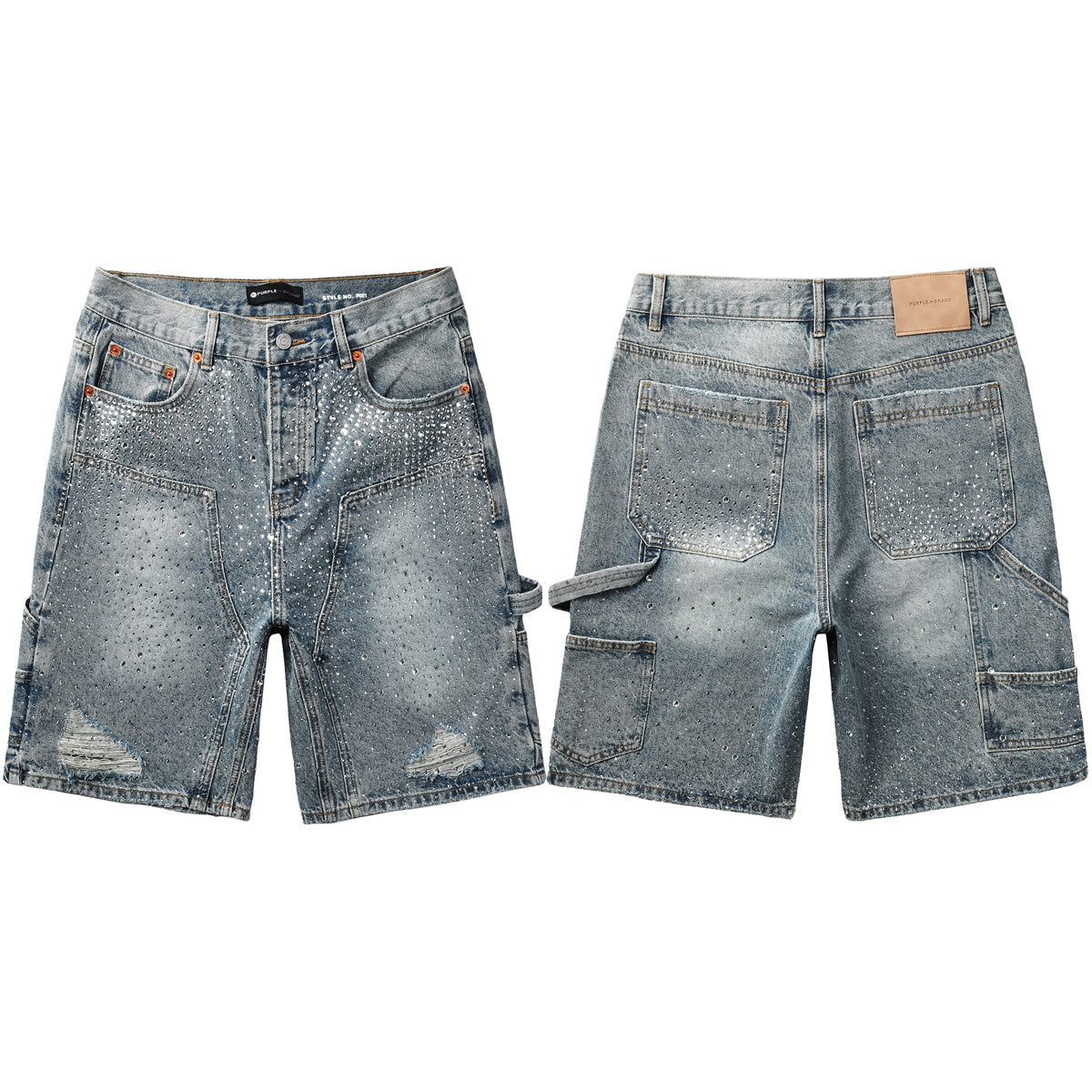 Purple Jeans Mens Light Blue Rhinestone Denim Cargo Shorts Distressed Multi Pocket Streetwear Style 5097