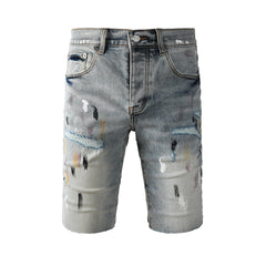 Purple Jeans Men’s Light Blue Paint Splatter Denim Shorts with Distressed Streetwear Look 5101