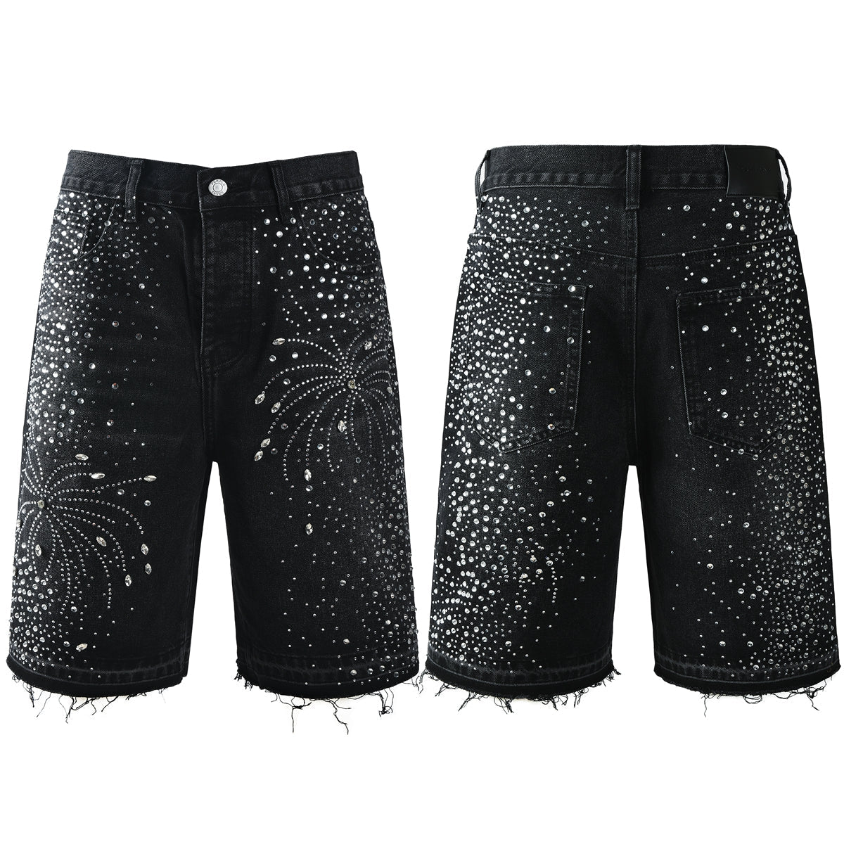 Purple Jeans Men’s Black Rhinestone Denim Shorts with Firework Crystal Design 5103