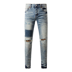 Purple Jeans Men Streetwear Jeans Distressed Light Blue Patch Leopard Ripped Skinny 9095
