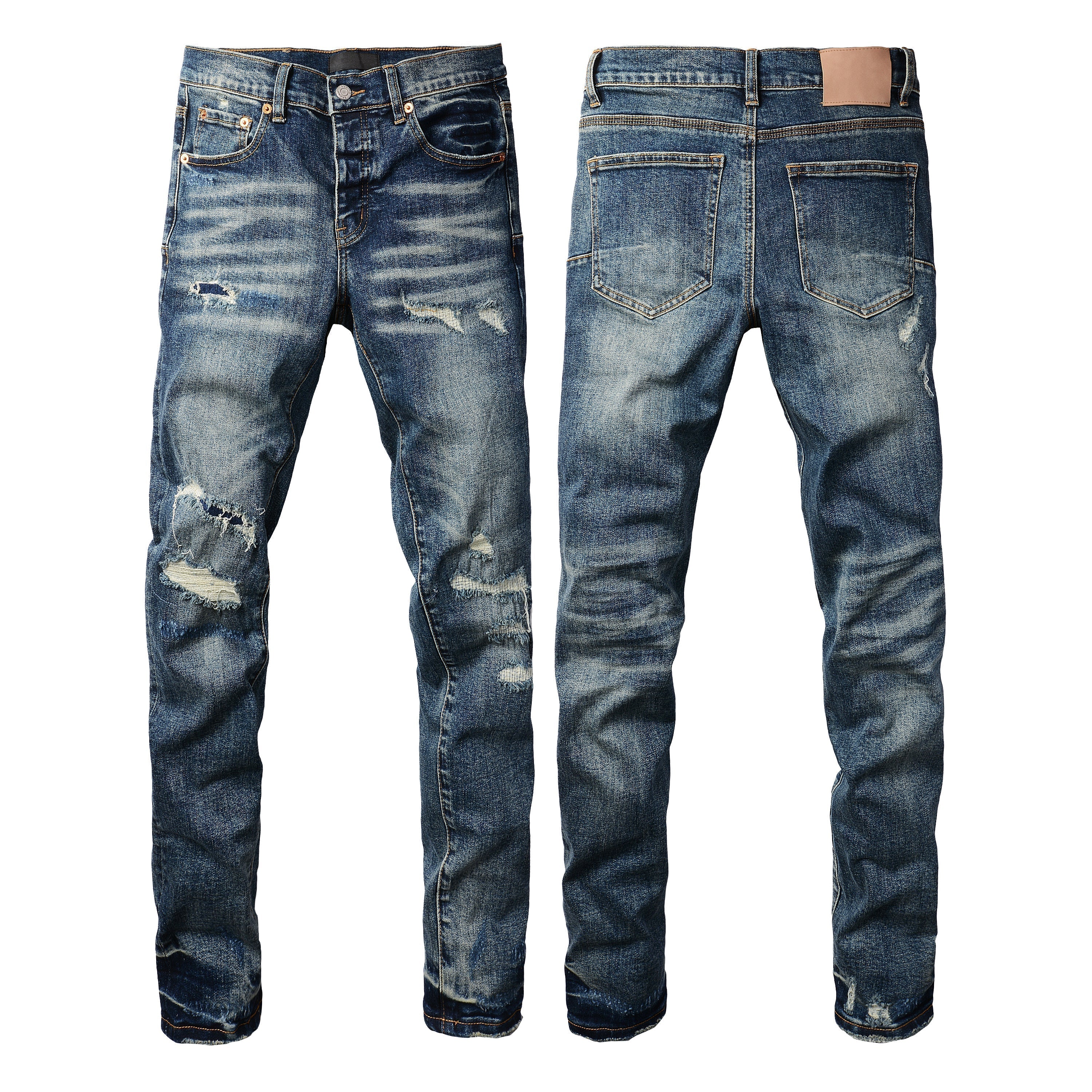 Purple Jeans Men Classic Streetwear Jeans Distressed Dark Blue Ripped Skinny 9096