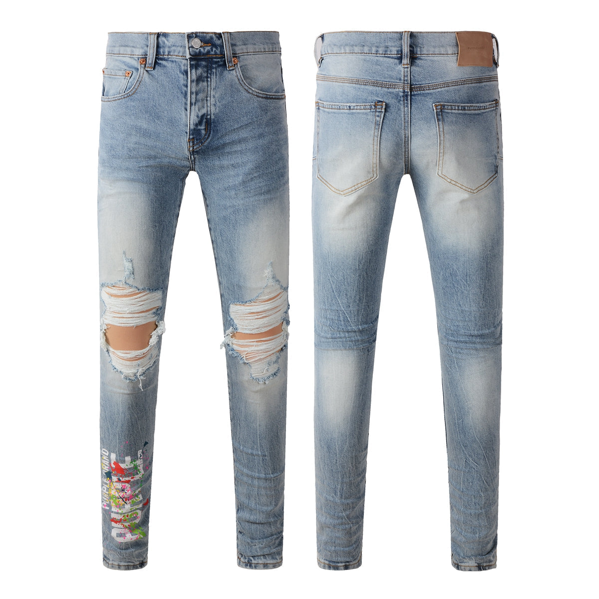 Purple Jeans Men Streetwear Jeans Light Blue Ripped Graffiti Print Distressed Skinny 9101