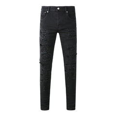 Purple Jeans Men Distressed Black Skinny Jeans with Heavy Ripped Design and Grunge Streetwear Vibe 9108
