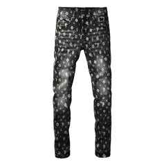 Purple Men Classic Street Skinny Jeans Dark Grey Monogram Print All Over Distressed Style PU9112