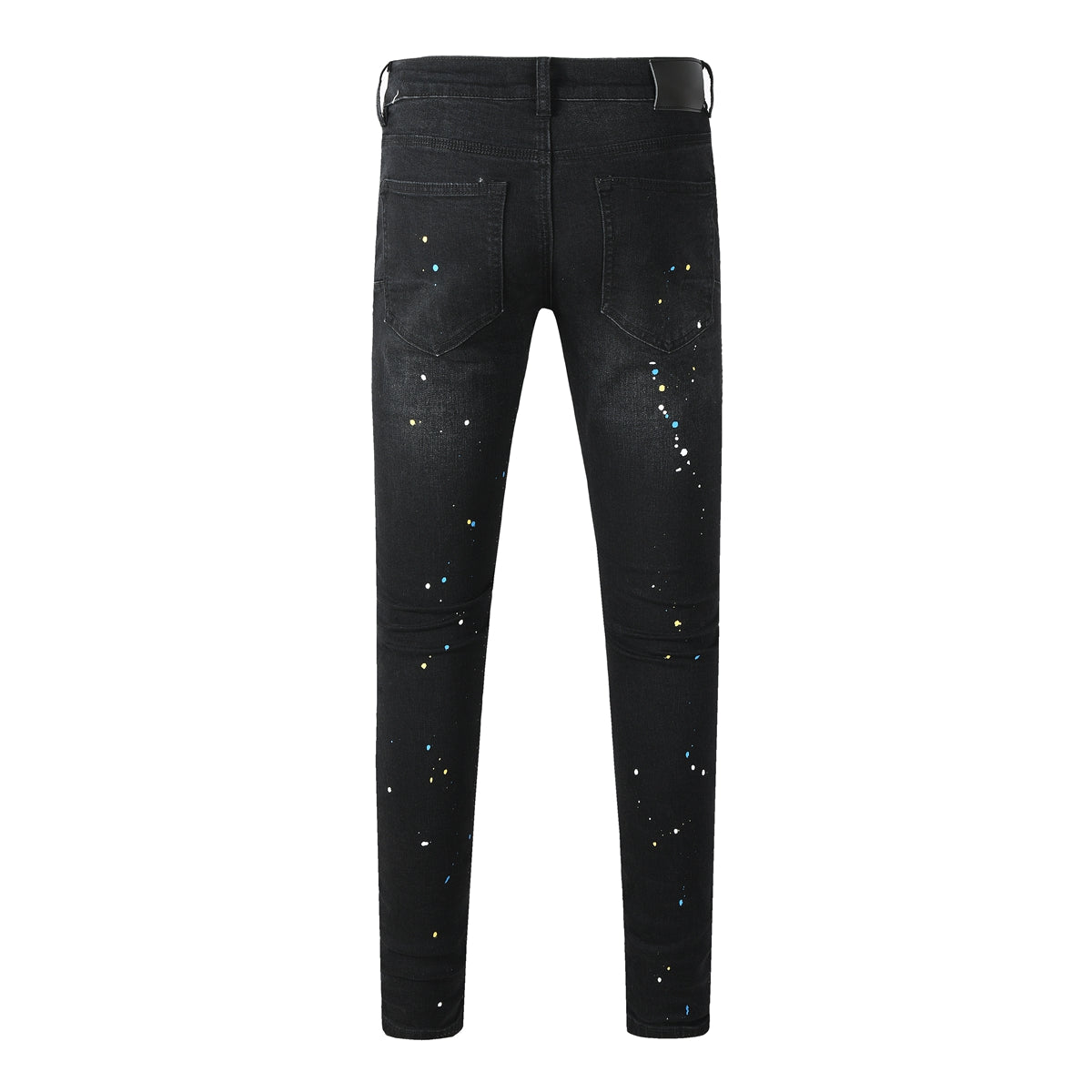 Purple Jeans Streetwear Men’s Black Ripped Slim Jeans with Multi Color Paint Splatter Effect and Rugged Tear Details 9121