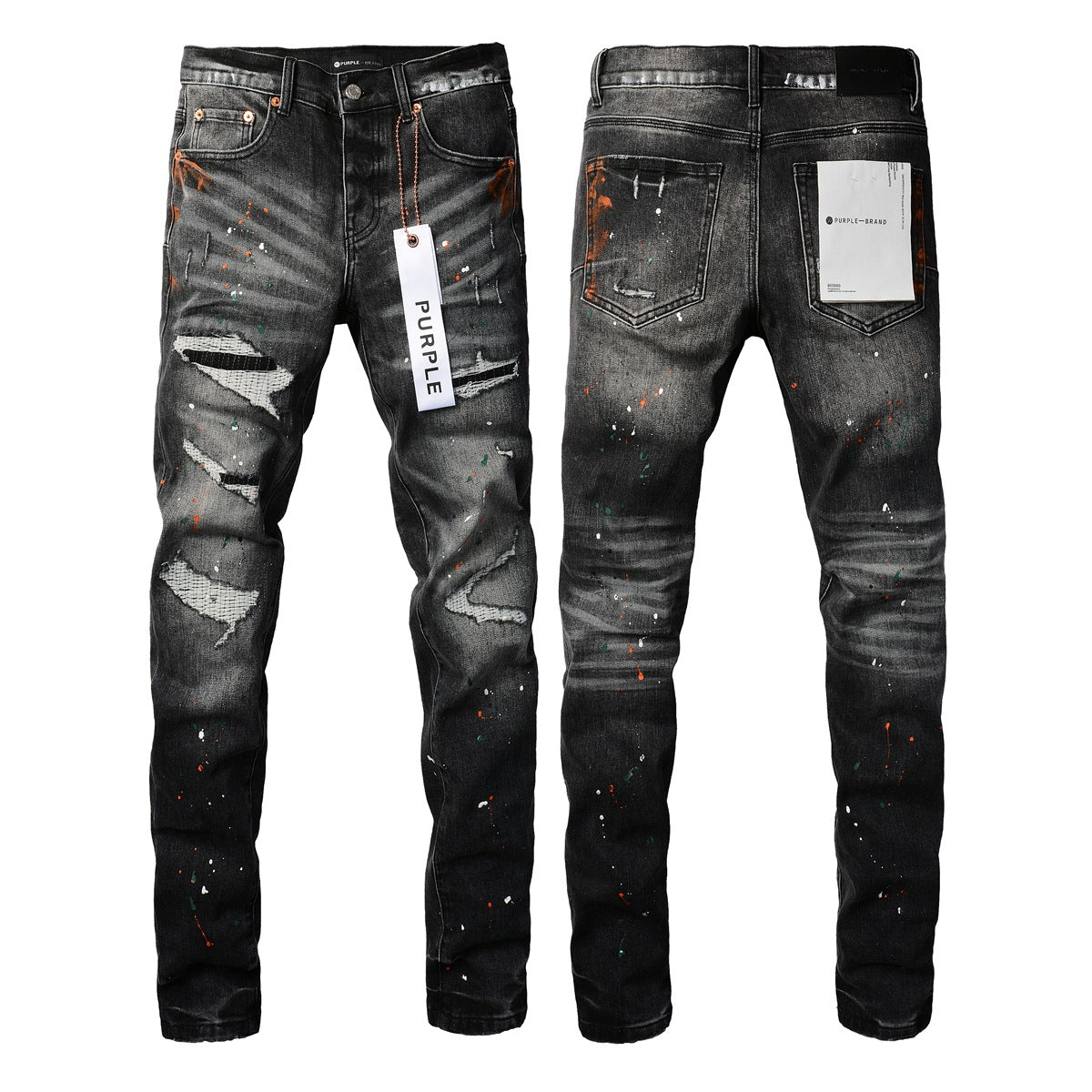 Purple Jeans Mens New Black Grey Jeans - Urban Style with Unique Ripped Patches 9018