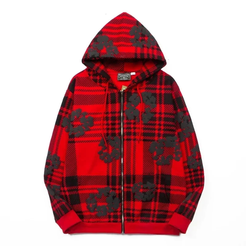 "Denim Tears" Plaid Pattern Full-Zip Oversized Hoodie (Red)